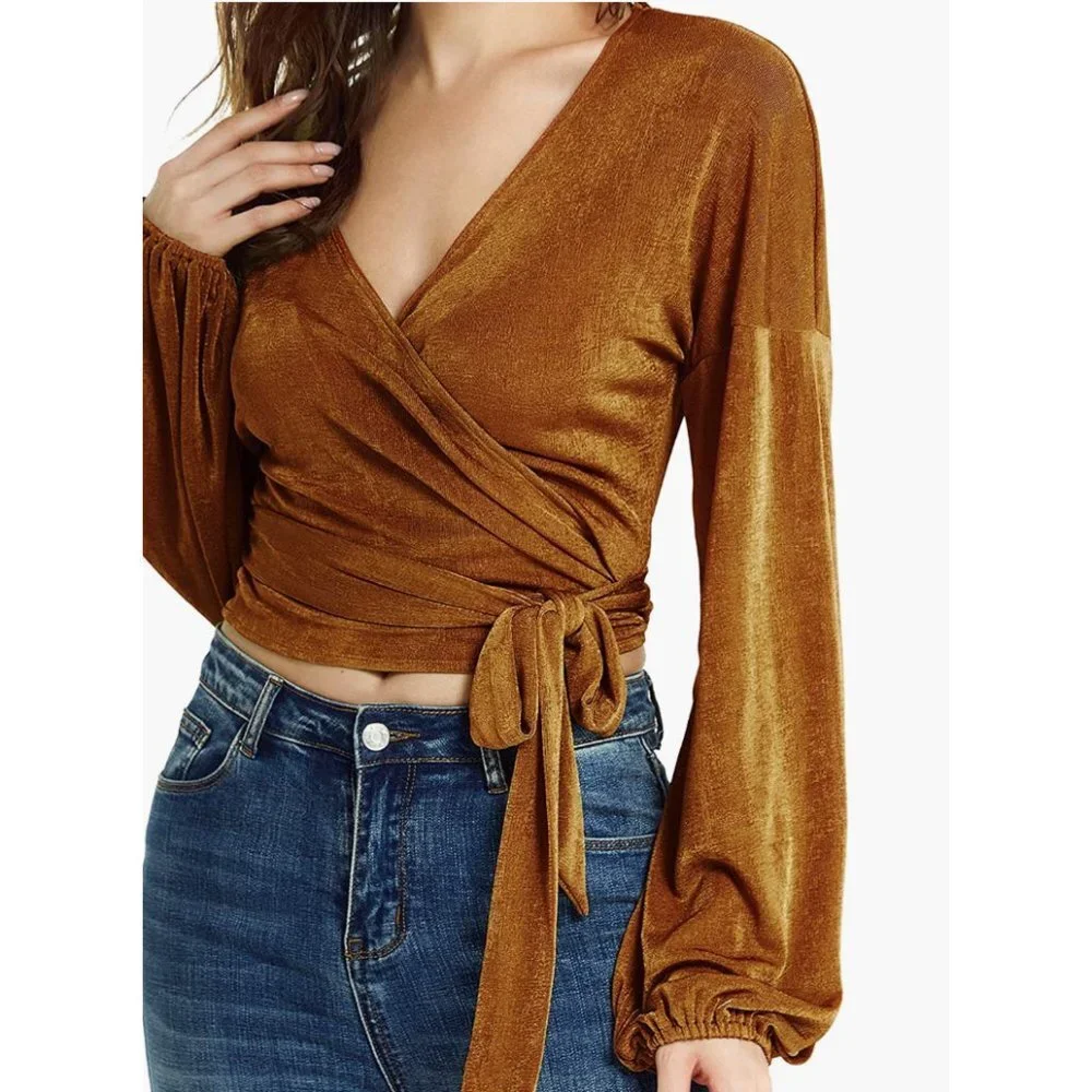 Brown Glitter Knit Tie Front Belted‎ V-Neck Long Sleeve Bishop Wrap Sweater Top - Picture 3 of 5